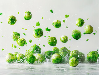 photography of BRUSSELS SPROUTS falling from the sky, hyperpop colour scheme. glossy, white background. Falling brussels sprouts isolated on white background