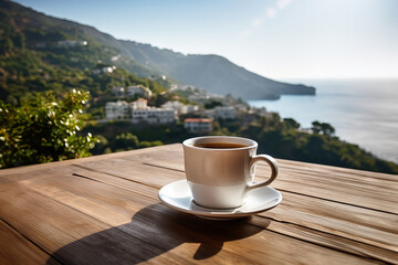 Wall Mural - A coffee cup sits on a wooden table overlooking the ocean