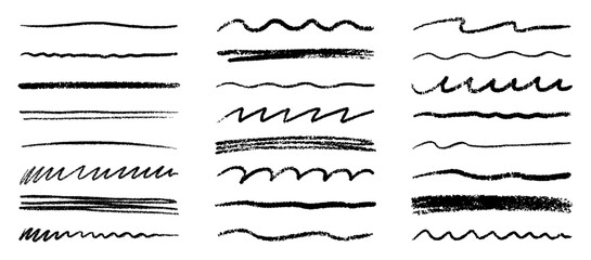 Chalk lines, charcoal highlight strokes doodle set. Pencil underlines, kids crayon strips, brush line in sketch style. Grunge texture. Hand drawn vector illustration isolated on white background