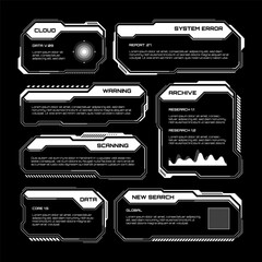Poster - White futuristic HUD, UI elements. Sci-fi user interface text boxes, callouts. Warning message frames, information boxes template. Modern game interface layout in digital style. Vector illustration