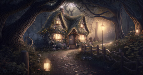 Unbelievable woodland illuminated by brilliant lights. Surreal mystical fantasy artwork