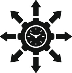 Poster - Black and white vector icon illustrating a clock surrounded by directional arrows, symbolizing time management and organization