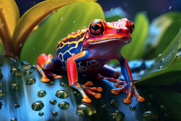 Poison vivid color frog. Poisonous animal of tropical rainforest. Pet in terrarium