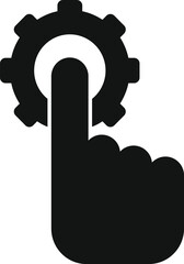 Poster - interacting with technology, a black and white silhouette of a finger engaging with a gear icon to a