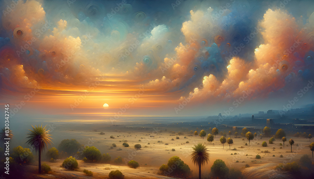 Stunning sunset bathes a tropical desert in warm light, with magical ...