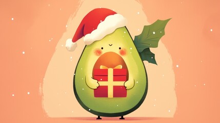 Sticker - Flat 2d illustration of a charming avocado donning a Santa hat and holding a festive present