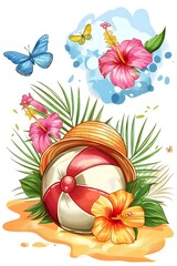 Aloha Hawaii tropical holiday concept in cartoon style. Welcome text with a beach ball in a hat with hibiscus flowers and butterflies on a white background with space for text.