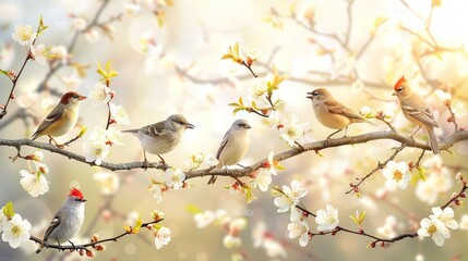 Poster - Flock of birds are singing happily on the branches of a tree with spring flower blossoms and sun light , spring season background