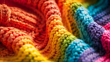 Details of an homemade knit sweater with colorful rainbow colors