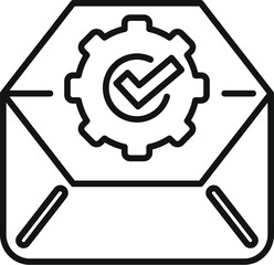Poster - Line icon of an envelope with gear and check mark, symbolizing approved service communication