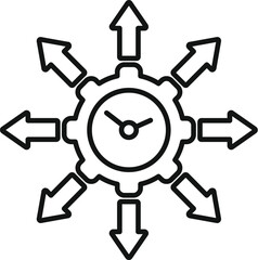 Poster - simplified line drawing of a clock with directional arrows, symbolizing efficient time management an