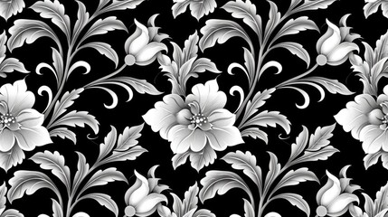 Wall Mural - Subtle Black and White Geometric Floral Seamless Pattern