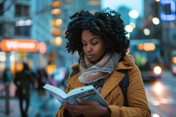 Sticker - Focused African American woman reading a book on a busy city street