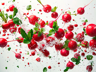 photography of RADISHES falling from the sky, hyperpop colour scheme. glossy, white background Radish with slices isolated on white background.