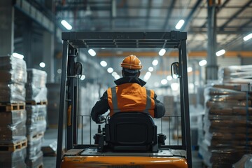 Focused forklift operator working diligently in industrial warehouse