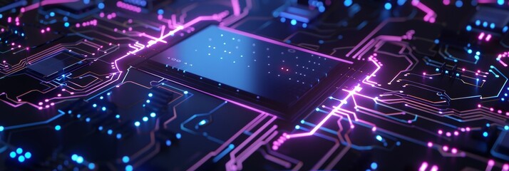 Wall Mural - A futuristic circuit board with glowing blue and purple wires, representing advanced technology and the flow of data in an AI system.