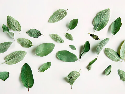 photography of SAGE falling from the sky, hyperpop colour scheme. glossy, white backgroundFalling sage leaves isolated on white background, full depth of field