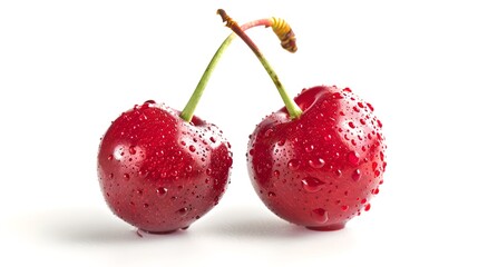Wall Mural - Two fresh cherries with water drops on white background. Close-up. Healthy fruit food. Concept of freshness. AI