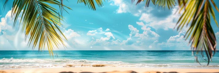 Wall Mural - Beautiful summer background with blurred sandy beach and palm tree leaves on blue sky banner, panoramic banner with copy space for design text