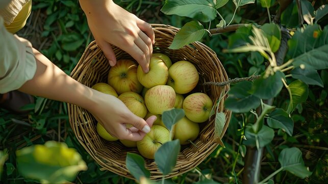 Hands reaching for a juicy apple from a woven basket, capturing the simplicity and joy of fruit picking