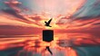© Boraryn - Freedom at Dusk: Bird's Silhouette Soaring over Reflective Podium in a Striking Sunset Ambience