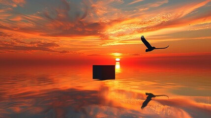 Canvas Print - Freedom at Dusk: Bird's Silhouette Soaring over Reflective Podium in a Striking Sunset Ambience