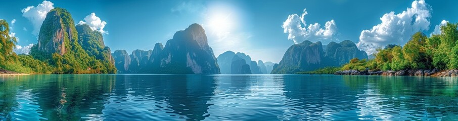 Panoramic view of Bay in Thailand with tropical green mountains and rocks rising from the sea, blue sky with white clouds, high resolution photography