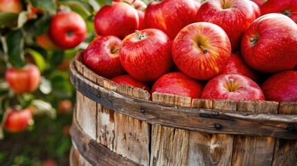 Wall Mural - Wooden basket overflowing with crisp, red apples, a wholesome symbol of farm-fresh produce and healthy living