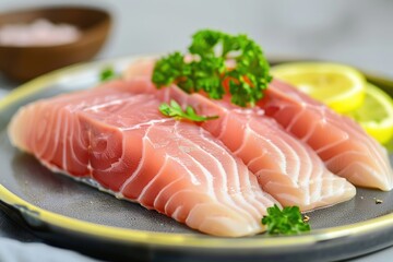 Wall Mural - Fresh raw fish fillets on a plate with lemon and parsley