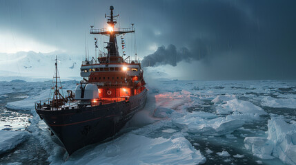 Wall Mural - A large ship is in the middle of a stormy sea