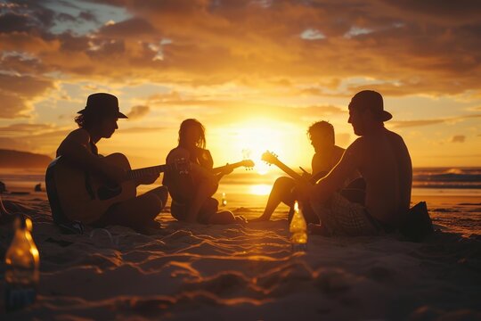 Friends enjoy a beachside acoustic jam at sunset, capturing summer vibes