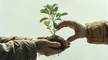 Wall Mural - Two people holding a plant in their hands. The plant is small and green. The people are smiling and seem happy