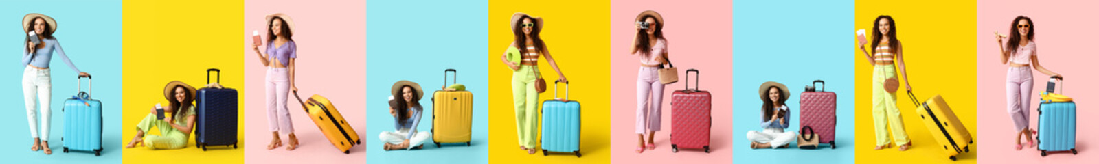 Wall Mural - Collage of African-American woman with suitcase on color background. Travel concept