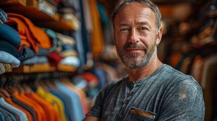 Wall Mural - Bearded man in a casual t-shirt smiling in a fabric store with colorful clothing behind him