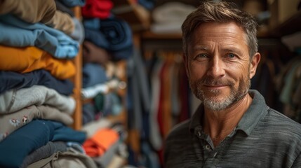 Confident middle-aged man posing in a clothing store with various garments in the background