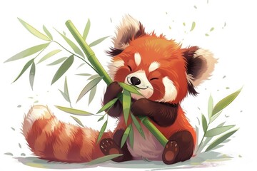 illustration of a cute red panda on white background eating bamboo