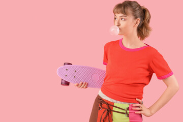 Sticker - Beautiful young woman with chewing gum and skateboard on pink background