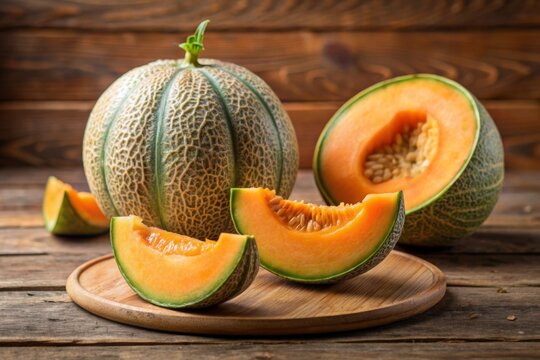 Whole and sliced of Japanese melons,honey melon or cantaloupe (Cucumis melo) on wooden table background