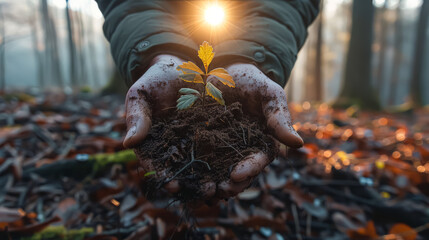 Wall Mural - A person is holding a small plant in their hands. The plant is surrounded by dirt and leaves. Concept of nurturing and growth, as the person is taking care of the plant and helping it to grow