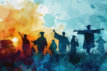 Graduation concept in a watercolor style. Graduation celebration. Graduation day concept. Cheerful people, colored silhouette. high school graduation. Colorful silhouette of graduates.