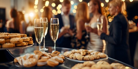 Luxurious social gathering event with champagne and delicious cookies, business people networking