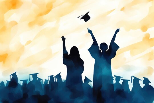 Graduation concept in a watercolor style. Graduation celebration. Graduation day concept. Cheerful people, colored silhouette. high school graduation. Colorful silhouette of graduates.