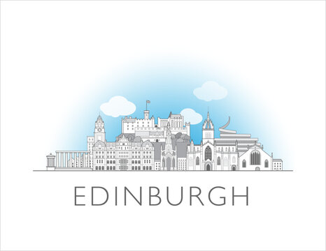 Edinburgh skyline cityscape line art style vector illustration in black and white