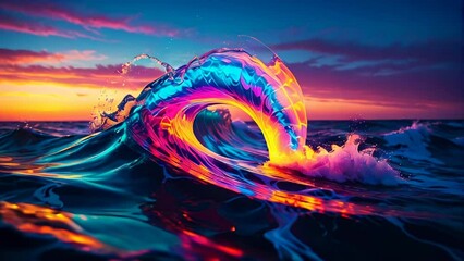 Poster - flowing waves in colors are vibrant and neon, primarily featuring shades of blue, pink, and orange. 