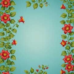 Poster - Floral Border with Red Flowers on Turquoise Background