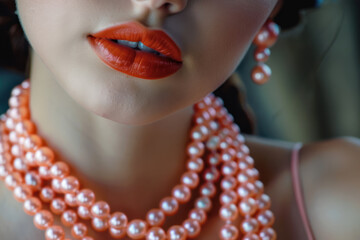 closeup of a woman wearing orange pearls