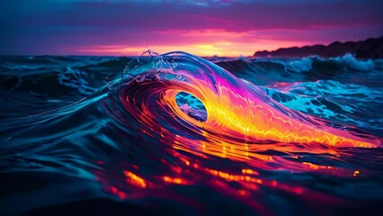 Poster - flowing waves in colors are vibrant and neon, primarily featuring shades of blue, pink, and orange. 