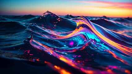 Poster - flowing waves in colors are vibrant and neon, primarily featuring shades of blue, pink, and orange. 