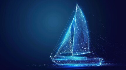 Polygonal Sailing yacht. connecting dots and lines. Sailboat mesh spheres. Thin line concept. Blue glow color background