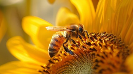 A bee is sitting on a yellow flower, sunflower background